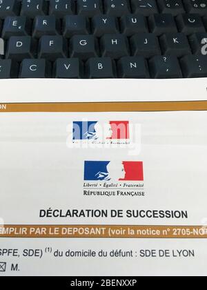 Déclaration de succession, document administratif français, France Banque D'Images