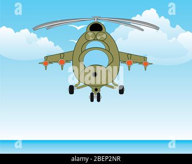 Hélicoptère militaire avec des armes volant sur l'océan Illustration de Vecteur