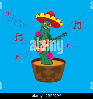 Cactus de personnage de dessin animé dans un chapeau avec des notes de pot de guitare sur fond bleu isolé. Image vectorielle Illustration de Vecteur