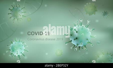 Particules microscopiques de virus et ADN sur fond vert clair avec COVID-19 maladie du Coronavirus 2019 texte sur l'espace de copie Illustration de Vecteur