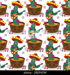 motif sans couture avec cactus personnage de dessin animé avec un pot de guitare bonnet lunettes sur un fond blanc. Image vectorielle Illustration de Vecteur