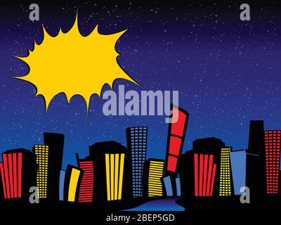 Vintage Retro Comics Cartons style Night Cityscape avec Sky Scrames Road et Blank Copy Space Yellow explosion Bang Illustration de Vecteur