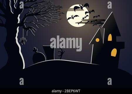 Cimetière sombre et crasseux avec pierres tombes, arbre effrayant, maison hantée et chauves-souris volantes en pleine lune. Vecteur moderne dans un style plat. Bannière Halloween Illustration de Vecteur