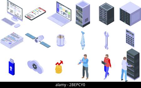 Les icônes de l'administrateur INFORMATIQUE définissent un style isométrique Illustration de Vecteur