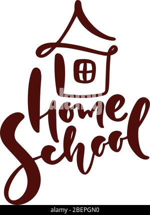 Concept du logo de la scolarité à domicile. Vector Home School calligraphie texte lettrage et icône de maison. Pour étudier à la maison en ligne. Emblème d'illustration de Illustration de Vecteur