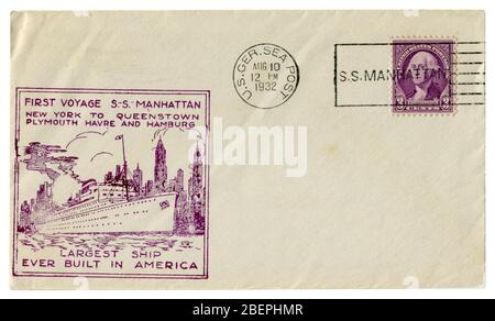 Après la mer, les USA - 10 août 1932 : l'enveloppe historique : couvrir avec cachet premier voyage S.S. Manhattan et George Washington timbre Banque D'Images