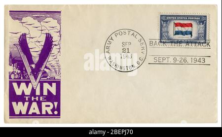 Washington, D.C., service postal de l'armée, États-Unis 21 septembre 1943: ENVELOPPE historique DES ÉTATS-UNIS: Couverture avec un cachet patriotique gagner la guerre!, Retour l'attaque Banque D'Images