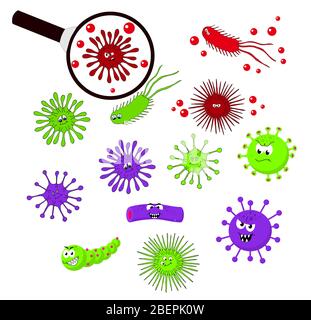 Ensemble coloré de bactéries et de germes, différents types, bactéries, virus, microbes illustration de dessins animés vectoriels. Illustration de Vecteur