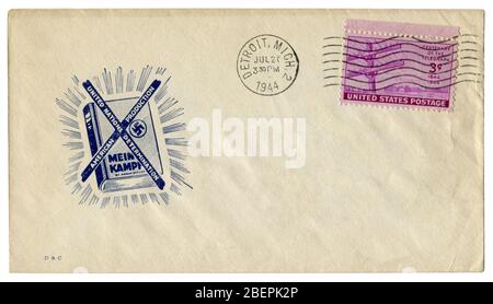 Detroit, Michigan, États-Unis - 20 juillet 1944: ENVELOPPE historique DES ÉTATS-UNIS: Couverture avec un cachet le livre croisé d'Adolf Hitler 'Mein Kampf', américain Banque D'Images