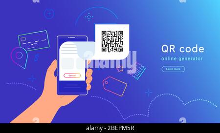 Code QR et paiement par carte de crédit, achats et facturation. Illustration de gradient vectoriel de smartphone de main humaine avec qr-c généré par voie électronique Illustration de Vecteur