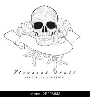 Fleurs inspirées par la broderie des châles orientaux, crâne et bannière vierge pour le texte Illustration de Vecteur