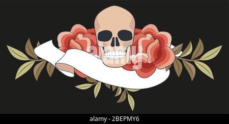 Fleurs inspirées par la broderie des châles orientaux, crâne et bannière vierge pour le texte Illustration de Vecteur
