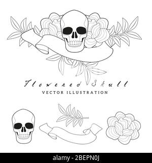 Fleurs inspirées par la broderie des châles orientaux, crâne et bannière vierge pour le texte Illustration de Vecteur