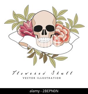 Fleurs inspirées par la broderie des châles orientaux, crâne et bannière vierge pour le texte Illustration de Vecteur