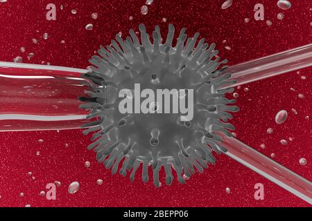 Illustration tridimensionnelle : cellule virale grise sur fond rouge sang avec tubes en verre. Concept de recherche, test d'un virus dans un liquide pour trouver un traitement. Banque D'Images