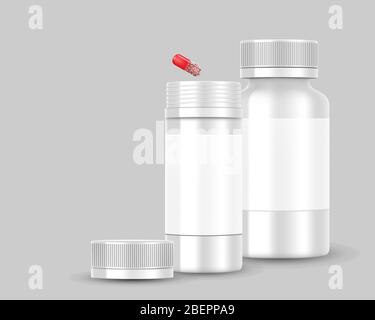 Blanc vide emballage bouteille avec capsule à pilule rouge isolée. Bandeau de médecine. Conteneur médical. Illustration vectorielle Illustration de Vecteur