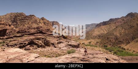 Vue panoramique sur un randonneur sur la Wadi Dana Trail dans la réserve de biosphère Dana, Jordanie Banque D'Images