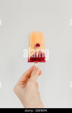 La popsicle maison aux fruits est faite de mangue fraîche, de cassis et de lait de coco. Style photo minimal. Banque D'Images
