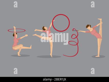 Gammnast girl dans le léopard rose faisant l'exercice gracieux de plancher de gymnastique avec des accessoires, ruban et hoop. Ensemble de trois icônes vectorielles isolées sur le backgrou gris Illustration de Vecteur