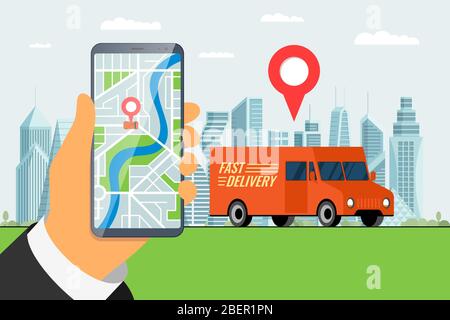 Concept d'application de service de commande de camions à livraison rapide. Smartphone portable avec géolocalisation gps, code PIN, adresse d'arrivée sur la rue de la ville et transport express de fret. Application en ligne vecteur plat Illustration de Vecteur