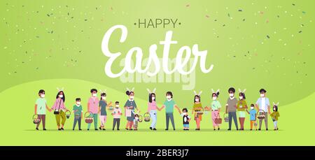 mélangez les hommes de course femmes tenant des paniers avec des œufs personnes portant un masque pour empêcher le coronavirus de célébrer heureux vacances de pâques horizontal pleine longueur lettre écrite à la main illustration vectorielle Illustration de Vecteur
