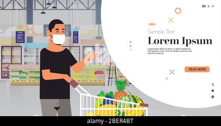 homme client dans un masque de protection médicale pousser chariot plein de fruits frais quarantaine coronavirus concept épidémie personnes achetant des marchandises dans magasin d'épicerie portrait horizontal copie espace illustration vectorielle Illustration de Vecteur