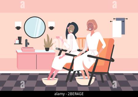 belles femmes appliquant des masques de visage et un lavabo avec savon eau filles dans des peignoirs relaxant soin spa soin concept salle de bains intérieur horizontal pleine longueur illustration vectorielle Illustration de Vecteur