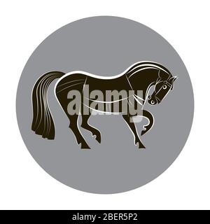 Cheval noir et blanc. Silhouette de cheval de course isolée. Contour élégant cheval sur fond gris cercle. Pour la conception de écuries, fermes, courses. Equestrian Illustration de Vecteur