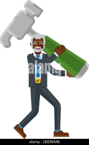 Mascot Hammer Holding Black d'homme d'affaires mûr Illustration de Vecteur