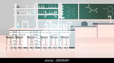 produits chimiques de laboratoire en science salle de classe intérieur de l'université vide aucune personne laboratoire avec meubles illustration vectorielle horizontale Illustration de Vecteur