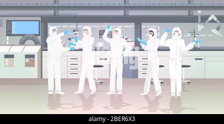 les scientifiques travaillent dans des combinaisons hazmat contenant des tubes à essai travaillant dans des laboratoires médicaux mélangent des chercheurs qui font des expériences chimiques intérieur moderne de laboratoire horizontal pleine longueur illustration vectorielle Illustration de Vecteur