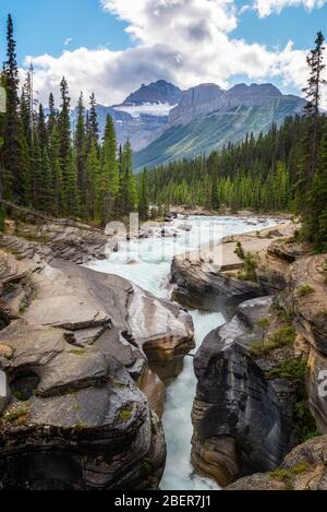 Canyon de Mistaya et rivière sur la promenade Icefields dans le parc national Banff, en Alberta, dans les montagnes Rocheuses, au Canada Banque D'Images