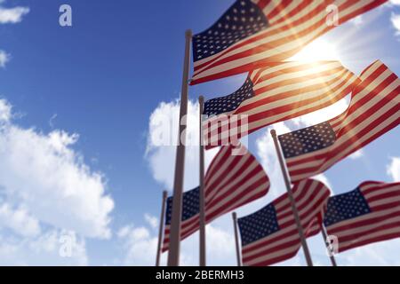 Les États-Unis drapeaux se foulitant au vent contre un ciel bleu. Rendu 3D Banque D'Images