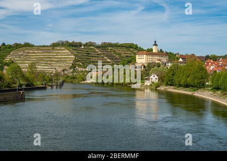 Burg Horneck un magnifique château de Gundelsheim en Allemagne avec la rivière Neckar en premier plan Banque D'Images