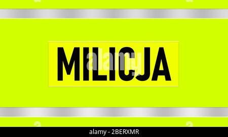 Concept du logo Milicja, texte noir placé sur un fond vert vif - jaune. Logo et conception de concept de texte de la milice Vest. Banque D'Images