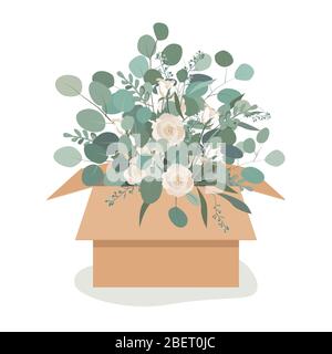 Magnifique bouquet de luxe dans une boîte de carton d'artisanat. Roses fleurs, et branches d'eucalyptus. Illustration vectorielle Illustration de Vecteur