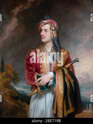 Peinture littéraire de l'histoire du poète anglais Lord Byron dans la robe albanaise. Banque D'Images