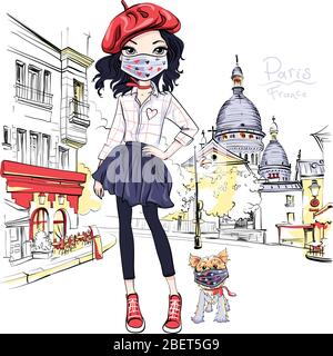 La jeune fille de la brunette vectorielle dans des masques protecteurs marchant un chien pendant la quarantaine du coronavirus COVID-19 près du Sacré-coeur à Paris, France Illustration de Vecteur