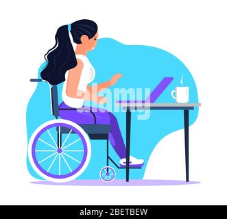 Vecteur de concept d'employé désactivé. Femme en fauteuil roulant travaillant sur un ordinateur, travail à domicile en ligne. Freelance pour non valide pour aider à la socialisation Illustration de Vecteur