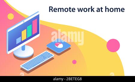 Travail à distance à domicile. Moniteur, clavier et souris de l'ordinateur. Illustration isométrique vectorielle avec emplacement pour le texte. Illustration de Vecteur