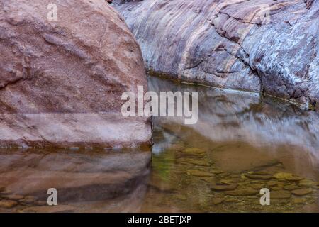 Rochers tachés dans l'eau et bassins réfléchissants dans Blacktail Canyon, Grand Canyon National Park, Arizona, États-Unis Banque D'Images