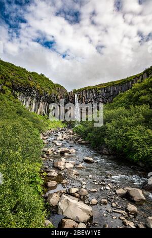 Cascade de Svartifoss dans le parc national de Skaftafell (Islande) pendant une journée d'été Banque D'Images