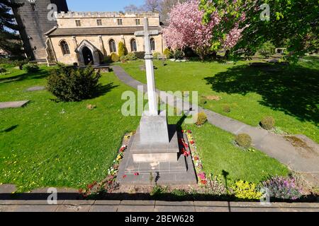 Église St Mary à Swillington avec des arbres roses en fleurs Banque D'Images