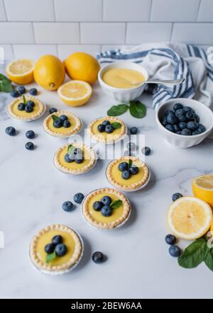 Mini tartes au citron recouvertes de bleuets sur un comptoir en marbre. Banque D'Images