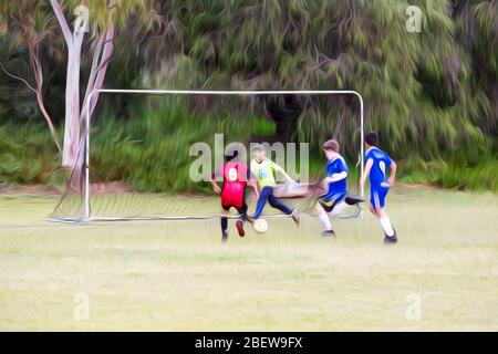 Le match de football pour Garçon a été édité avec un effet de dessin animé. Jeu de football entre équipes rouge et bleue. Banque D'Images