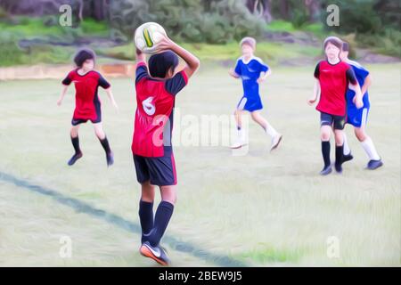 Le match de football pour Garçon a été édité avec un effet de dessin animé. Jeu de football entre équipes rouge et bleue. Banque D'Images