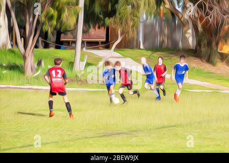 Le match de football pour Garçon a été édité avec un effet de dessin animé. Jeu de football entre équipes rouge et bleue. Banque D'Images