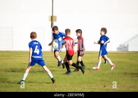 Le match de football pour Garçon a été édité avec un effet de dessin animé. Jeu de football entre équipes rouge et bleue. Banque D'Images