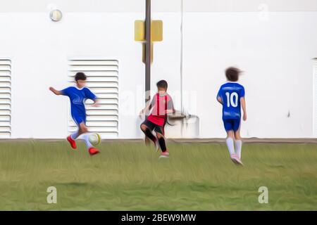 Le match de football pour Garçon a été édité avec un effet de dessin animé. Jeu de football entre équipes rouge et bleue. Banque D'Images