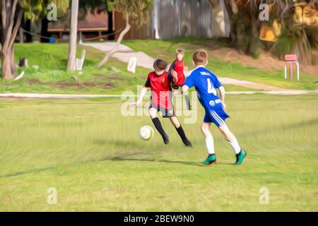 Le match de football pour Garçon a été édité avec un effet de dessin animé. Jeu de football entre équipes rouge et bleue. Banque D'Images